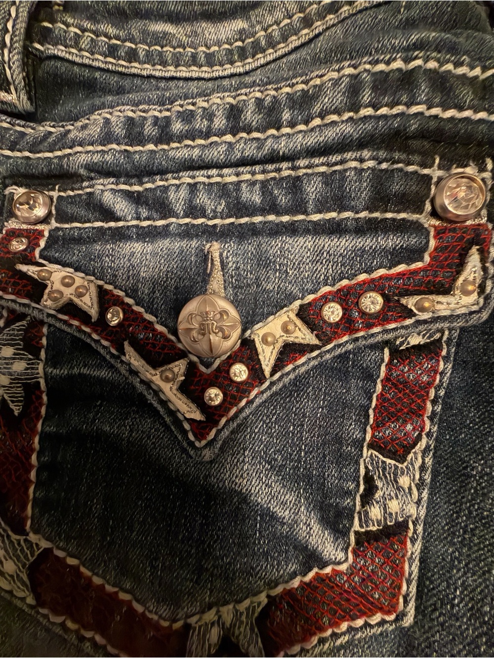 “MISS ME””Signature Dark Wash Denim Jean Shorts with Embellished Pockets - Blue - Picture 6 of 13
